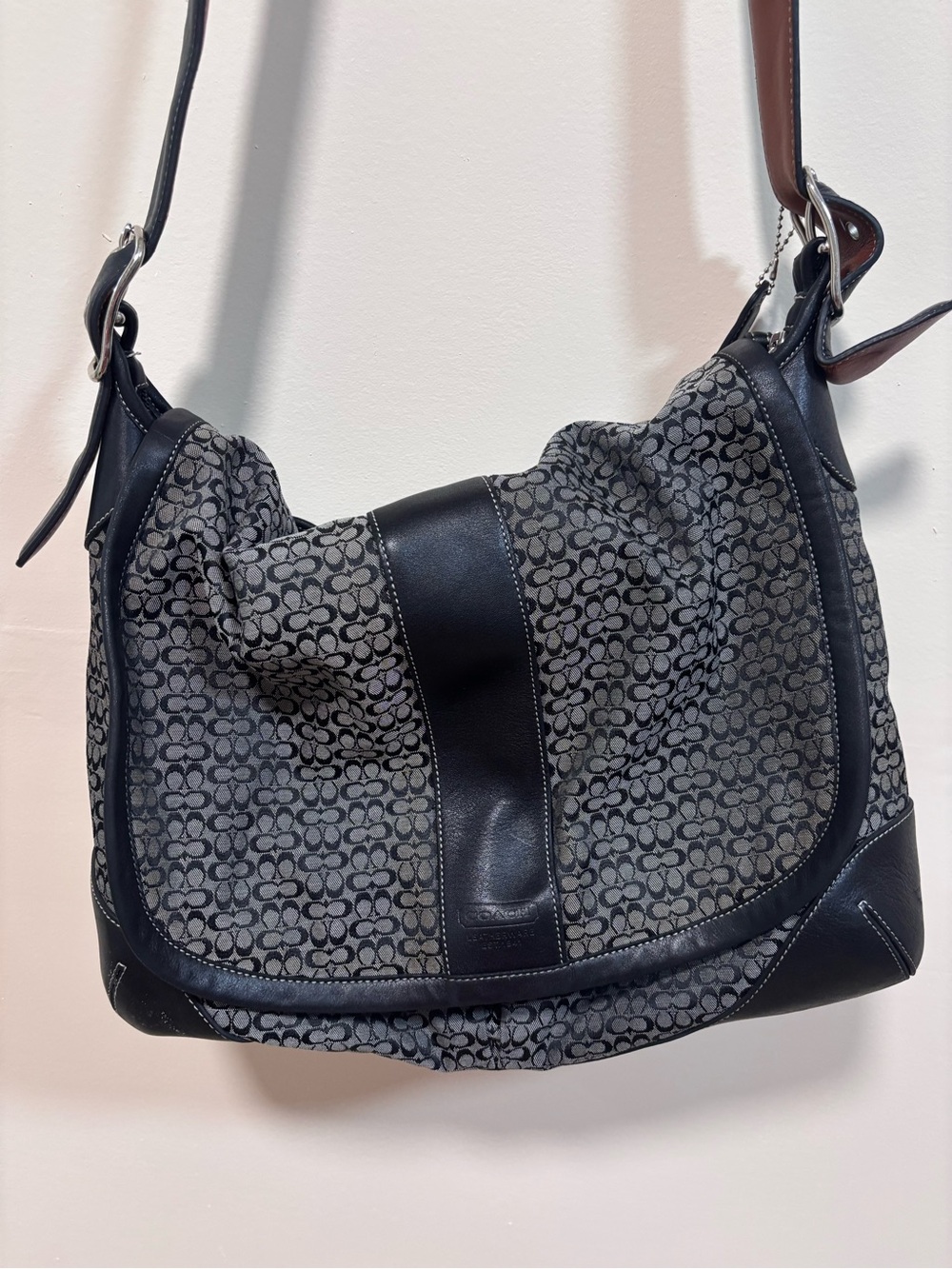 COACH Signature Black Grey Jacquard & Leather Crossbody Saddle Bag - Picture 3 of 14